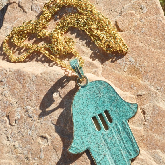 Raw Brass Pendant Patina Hand Hamza Necklace Boho - Picture 3 of 4